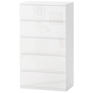 HOMCOM Commode Moderne 5 Tiroirs Anti-basculement en Bois, 55x33x100 cm, Blanc Brillant