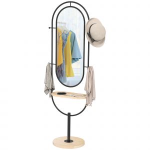 HOMCOM Miroir sur pied ovale avec plateau en bois, 4 crochets et cadre en métal, 50 x 40 x 175,5 cm, noir