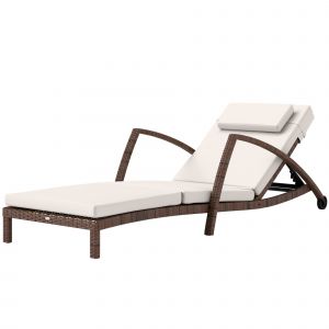 Outsunny Bain de soleil, chaise longue en r&eacute;sine tress&eacute;e avec dossier r&eacute;glable, roulettes, coussin et accoudoirs, marron et beige