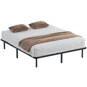 HOMCOM Cadre de lit 160 x 190 cm, lit 2 personnes en bois massif avec sommier à lattes et pied, rangement au-dessous, noir
