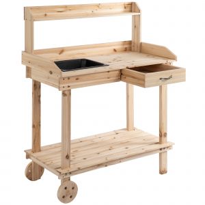 Outsunny Table de plantation avec tiroir, 2 étages, table de jardin avec évier et roulettes en bois de pin naturel 92 x 45 x 119 cm