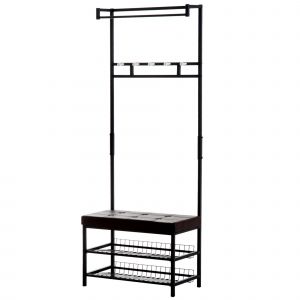 HOMCOM Porte-Manteau Vestiaire d'Entrée Banc Intégré 2 Étagères 5 Patères + Barre de Penderie Métal Noir  Chocolat aosom france