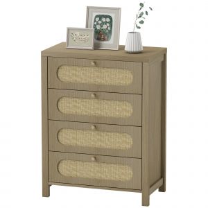 HOMCOM Commode 4 tiroirs meuble de rangement style bohémienne avec portes résine tressée, 70 x 38 x 93 cm, effet bois naturel