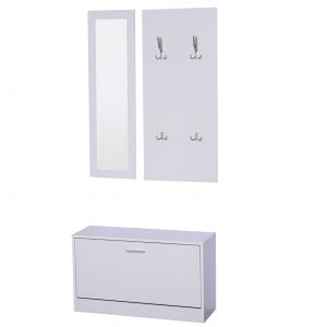 HOMCOM Ensemble de Meubles d’Entrée Vestiaire 3 en 1 Multifonction Meuble Chaussures  Miroir et Panneau Porte-Manteau Blanc