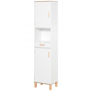 kleankin Meuble Salle de Bain Gain de Place en Bois, Meuble Colonne avec Armoires et Tiroir, 39x30x180cm, Blanc