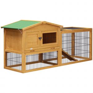 PawHut Clapier de sol cage &agrave; lapin niche sup&eacute;rieure avec rampe enclos ext&eacute;rieur porte verrouillable 150 x 52,5 x 68 cm jaune