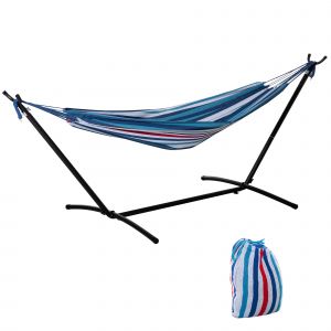 Outsunny Hamac de jardin avec support en m&eacute;tal &eacute;poxy hamac sur pied 1 place charge max. 120 Kg sac transport bleu blanc