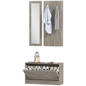 HOMCOM Ensemble d'Entrée 3 Pièces avec Meuble à Chaussures, Portemanteau et Miroir, en Bois et Verre, couleur Bois et Blanc