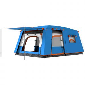 Outsunny Tente de Camping Familiale 4-6 Personnes avec 2 Chambres Espace de Vie et Protection Imperm&eacute;able 430x305 cm Gris et Bleu