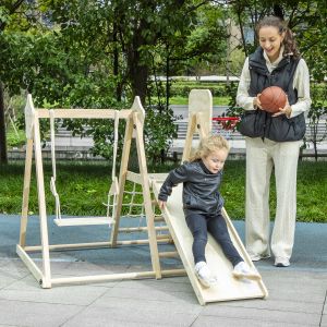 AIYAPLAY Toboggan pour Enfants 5 en 1 Structure d'Escalade avec Toboggan Balançoire Panier de Basket Planche Filet d'Escalade Naturel