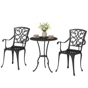 Outsunny Ensemble bistro de jardin 3 pi&egrave;ces table ronde avec 2 chaises trou pour parasol, style antique en aluminium moul&eacute;