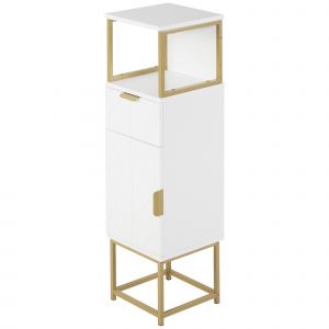 kleankin Mobile Colonne de Salle de Bain avec Tiroir, Placard et Étagère en Bois et Métal, 30x30x105cm, Blanc
