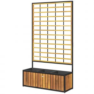 Outsunny Jardinière avec treillis lit surélevé de jardin trous de drainage en bois d'acacia acier  74 x 27 x 131 cm teck