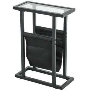 HOMCOM Table d'appoint étroite, bout de canapé en métal avec porte-revues et plateau en verre trempé, 40 x 18 x 55,5 cm, noir