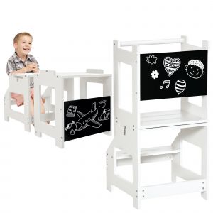 HOMCOM Tour d'apprentissage pour enfants transformable en table et chaise montessori learning kitchen helper pour petit b&eacute;b&eacute; avec tableau noir
