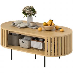 HOMCOM Table basse ovale, table de salon avec rangement, coins arrondis, design lattes, 100 x 50 x 40 cm, effet bois naturel