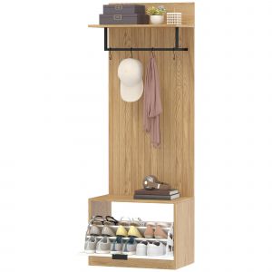 HOMCOM Meuble d'entr&eacute;e 5 en 1, vestiaire d'entr&eacute;e, banc &agrave; chaussures rabattable, &eacute;tag&egrave;re et 4 crochets, 60x30x170cm, ch&ecirc;ne