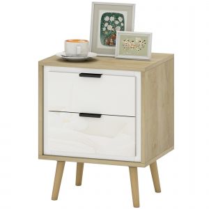 HOMCOM Table de chevet &eacute;troite, table d'appoint 2 tiroirs silencieux et pieds en bois massif, 40 x 35 x 50 cm, blanc brillant