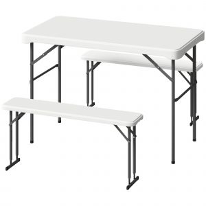 Outsunny Ensemble table pliante et bancs de pique-nique 113 cm avec poign&eacute;es de transport, table et banc pliable gris clair