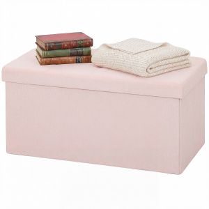 HOMCOM Pouf de rangement, Banc de rangement pliable 84 L 76x38x38 cm Rev&ecirc;tu en lin synth&eacute;tique Coffre de rangement Rose