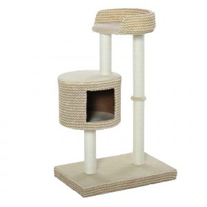 PawHut Arbre &agrave; chats style cosy chic griffoirs jute naturelle niche plateforme peluche courte bicolore beige caf&eacute;