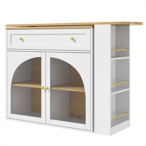 Table de bar extensible avec rangement, bar repas pivotant &agrave; 360&deg; avec &eacute;tag&egrave;re lat&eacute;rale &agrave; 3 niveaux et portes en verre de s&eacute;curit&eacute;, 138-204x39x104 cm, Blanc