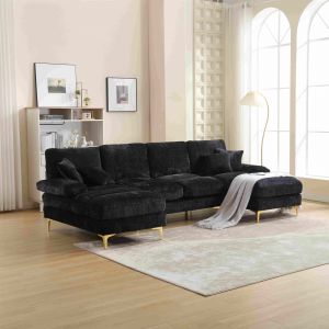 Grand canapé d'angle en forme de U en tissu chenille moderne et confortable, avec accoudoirs en métal, Noir