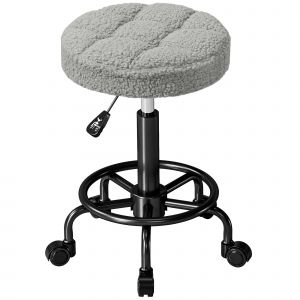HOMCOM Tabouret Giratoire Rond Tabouret avec Roues Hauteur Réglable 50-66 cm Siège Revêtu en Tissu Pelucheux Gris
