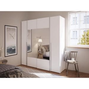 Armoire NARAGO - D&eacute;cor Blanc mat - 2 portes coulissantes + miroir + 2 portes battantes + 2 penderies - L200 x P61 x H210 cm