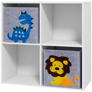 ZONEKIZ Meuble étagère bibliothèque 4 cases 2 cubes paniers tissu motif dinosaures pour chambre enfant 62 x 30 x 62 cm blanc