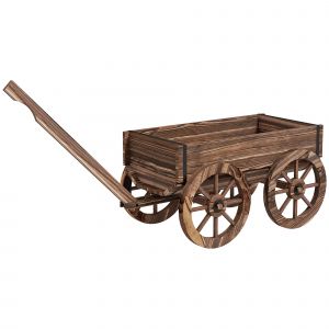 Outsunny Chariot &agrave; fleurs en bois avec roues et poign&eacute;e, bac &agrave; fleurs, brouette avec trous de drainage, 120 x 41 x 54 cm, marron