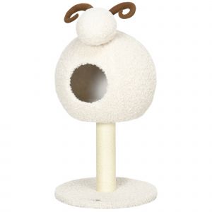 HOMCOM Griffoir pour chat, Design mouton avec cabane pour chat et poteau à griffer, coussin lavable, Blanc crème + Marron