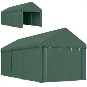 Outsunny Carport portable 3x6 m, abri pour v&eacute;hicules avec 2 entr&eacute;es, toit en polyester, pour voitures, bateaux, outils de jardin, vert fonc&eacute;