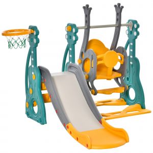 HOMCOM Toboggan et balançoire pour enfants 4 en 1 avec panier de basket, siège réglable, 152x149x107cm, bleu et jaune
