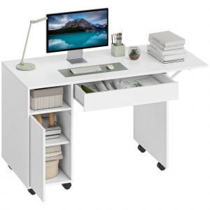 HOMCOM Bureau d'ordinateur sur roulettes, table informatique avec abattant, tiroir, placard et compartiment, 130 x 58 cm, blanc