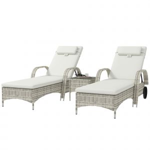 Outsunny Lot de 2 transats bains de soleil : matelas, t&ecirc;ti&egrave;re, inclinaison r&eacute;glable roulettes + table basse verre tremp&eacute; cr&egrave;me