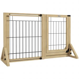 PawHut Barri&egrave;re Extensible pour Chiens avec Porte et 2 Panneaux, Pieds Triangulaires, 112-159x70 cm, Bois Naturel