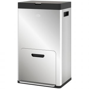 HOMCOM Poubelle rectangulaire à pédale poubelle cuisine 3 compartiments fermeture douce acier inox 45,7 x 35,8 x 76 cm argent