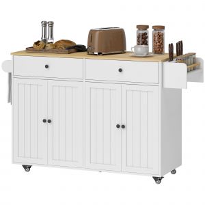 HOMCOM &Icirc;lot de cuisine roulant, 2 tiroirs, 2 armoires, d&eacute;pla&ccedil;able, &eacute;tag&egrave;re &agrave; &eacute;pices, porte-serviette, porte-couteaux, MDF, blanc