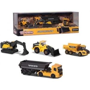 Coffret de 4 v&eacute;hicules de chantier Volvo en m&eacute;tal reproductions a l'&eacute;chelle 1/64eme - Majorette