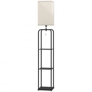HOMCOM Lampadaire sur pied salon avec étagères, abat-jour en tissu, interrupteur à chaînette pour salon, chambre à coucher