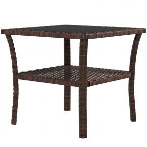 Outsunny Table d'appoint en résine tressée 2 niveaux 50x50x45cm, table basse de jardin carrée plateau en verre trempé, marron