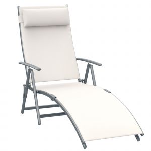Outsunny Chaise Longue Inclinable Bain de Soleil Pliable Dossier Multiposition T&ecirc;ti&egrave;re Fournie Max. 165 Kg Textil&egrave;ne Cr&egrave;me