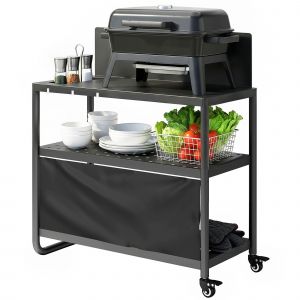 Outsunny Chariot de Barbecue Desserte de Jardin Mobile avec Pare-vent 3 Niveaux Rideau Oxford 100x46x110cm Noir