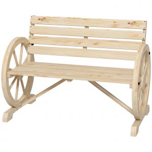 Outsunny Banc de Jardin banc 3 places en bois Style Rustique Chic accoudoirs Roues Charette Bois Sapin effet bois naturel