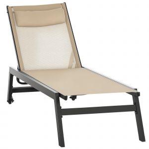 Outsunny Bain de soleil transat en aluminium et textil&egrave;ne avec roulettes et repose-t&ecirc;te dossier inclinable kaki