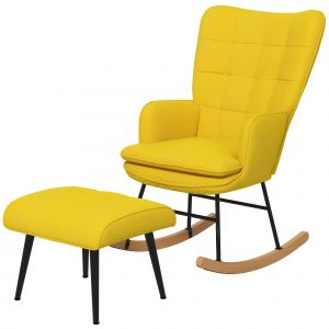 HOMCOM Rocking-chair avec Repose-Pied en Design Scandinave Rocking-chair avec Pouf, Bois de h&ecirc;tre, Rembourrage, 64 cm x 89 cm x 90 cm Jaune