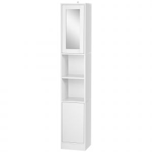 kleankin Armoire salle de bain haute, meuble de rangement colonne avec miroir, 2 portes, étagères réglables, 38x28x170cm, blanc