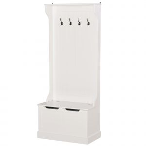 HOMCOM Porte-Manteau d'Entrée Moderne 3 en 1 avec 4 Crochets, Banc de Rangement et Porte-Manteau, Meuble d'Entrée Gain de Place, Couloir, Chambre en Bois, 71,5x39,5x170 cm, Blanc
