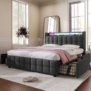 Lit Double avec T&ecirc;te de Lit USB et &Eacute;clairage LED, 4 Tiroirs, Structure en Bois, T&ecirc;te de Lit Double, Lit Double avec Rangement, 140x200 cm,Gris